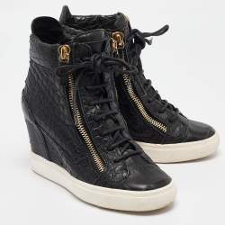 Giuseppe Zanotti Black Croc Embossed Leather Double Zipper High Top Sneakers Size 37