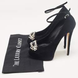 Pre Owned Giuseppe Zanotti Black Suede Crystal Embellished Peep Toe Pumps Size 37