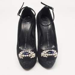 Pre Owned Giuseppe Zanotti Black Suede Crystal Embellished Peep Toe Pumps Size 37