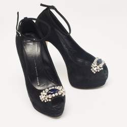 Pre Owned Giuseppe Zanotti Black Suede Crystal Embellished Peep Toe Pumps Size 37