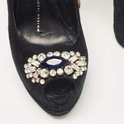 Pre Owned Giuseppe Zanotti Black Suede Crystal Embellished Peep Toe Pumps Size 37