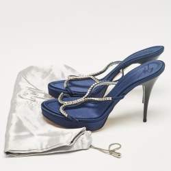Giuseppe Zanotti Blue Satin Crystal Embellished Platform Slide Sandals Size 39