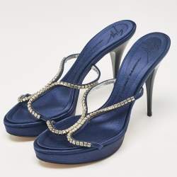 Giuseppe Zanotti Blue Satin Crystal Embellished Platform Slide Sandals Size 39