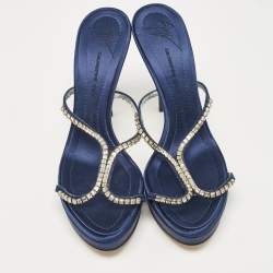 Giuseppe Zanotti Blue Satin Crystal Embellished Platform Slide Sandals Size 39