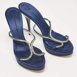 Giuseppe Zanotti Blue Satin Crystal Embellished Platform Slide Sandals Size 39