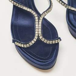 Giuseppe Zanotti Blue Satin Crystal Embellished Platform Slide Sandals Size 39
