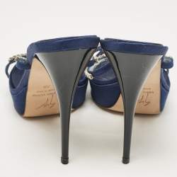 Giuseppe Zanotti Blue Satin Crystal Embellished Platform Slide Sandals Size 39