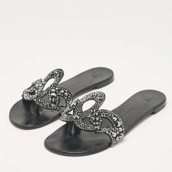 Pre Owned Giuseppe Zanotti Black Suede Crystal Embellished Flat Slides Size 37