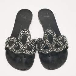 Pre Owned Giuseppe Zanotti Black Suede Crystal Embellished Flat Slides Size 37