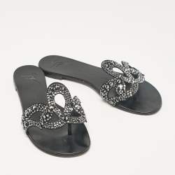 Pre Owned Giuseppe Zanotti Black Suede Crystal Embellished Flat Slides Size 37
