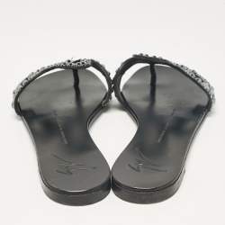 Pre Owned Giuseppe Zanotti Black Suede Crystal Embellished Flat Slides Size 37