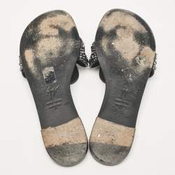 Pre Owned Giuseppe Zanotti Black Suede Crystal Embellished Flat Slides Size 37