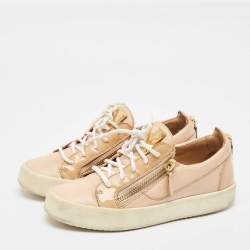 Giuseppe Zanotti Beige Leather Patent and Leather May London Lace Up Sneakers Size 38