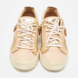 Giuseppe Zanotti Beige Leather Patent and Leather May London Lace Up Sneakers Size 38