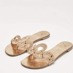 Giuseppe Zanotti Gold Crystal Embellished Suede Turchesite Flat Slides Size 37