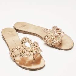 Giuseppe Zanotti Gold Crystal Embellished Suede Turchesite Flat Slides Size 37