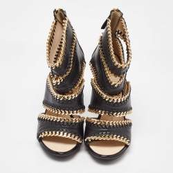 Giuseppe Zanotti Black Leather Chain Embellished Trim Cut Out Sandals Size 35.5