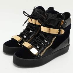مملوكة مسبقًا Giuseppe Zanotti Blue/Black Velvet and Leather Coby High Top Sneakers Size 38