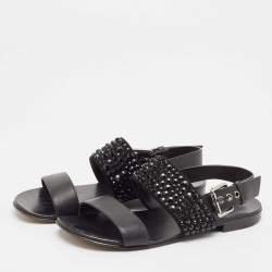 Giuseppe Zanotti Black Leather Crystal Embellished Slingback Flat Sandals 41