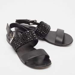 Giuseppe Zanotti Black Leather Crystal Embellished Slingback Flat Sandals 41