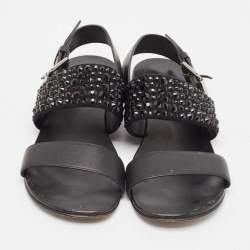 Giuseppe Zanotti Black Leather Crystal Embellished Slingback Flat Sandals 41