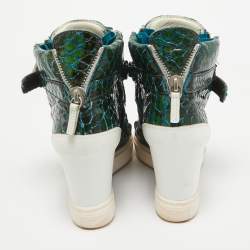 Giuseppe Zanotti Green/White Python Embossed Patent Leather and Suede Coby Wedge Sneakers Size 40