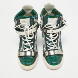 Giuseppe Zanotti Green/White Python Embossed Patent Leather and Suede Coby Wedge Sneakers Size 40