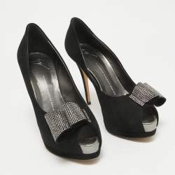 Giuseppe Zanotti Black Suede Crystal Embellished Bow Peep Toe Platform Pumps Size 41