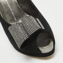Giuseppe Zanotti Black Suede Crystal Embellished Bow Peep Toe Platform Pumps Size 41
