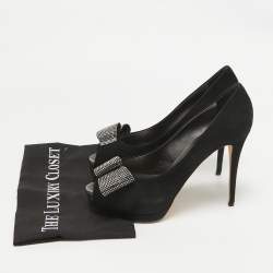 Giuseppe Zanotti Black Suede Crystal Embellished Bow Peep Toe Platform Pumps Size 41