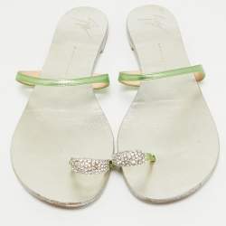 Giuseppe Zanotti Green Leather Crystal Embellished Toe Ring Flat Slides Size 41