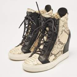 Giuseppe Zanotti Cream/Black Leather and Python Embossed Leather Coby Sneakers Size 36.5