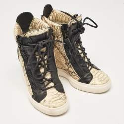 Giuseppe Zanotti Cream/Black Leather and Python Embossed Leather Coby Sneakers Size 36.5