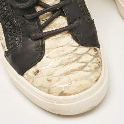 Giuseppe Zanotti Cream/Black Leather and Python Embossed Leather Coby Sneakers Size 36.5
