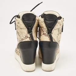 Giuseppe Zanotti Cream/Black Leather and Python Embossed Leather Coby Sneakers Size 36.5