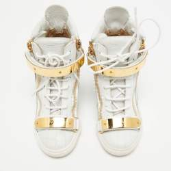 Giuseppe Zanotti White Croc Embossed Leather Lorenz Wedge High Top Sneakers Size 36