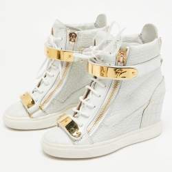 Giuseppe Zanotti White Croc Embossed Leather Lorenz Wedge High Top Sneakers Size 36