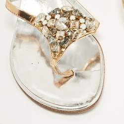 Giuseppe Zanotti Silver Leather Slide Crystal Embellished Sandals Size 38.5