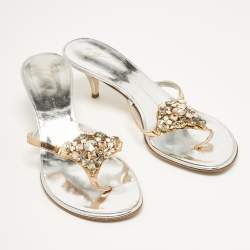 Giuseppe Zanotti Silver Leather Slide Crystal Embellished Sandals Size 38.5