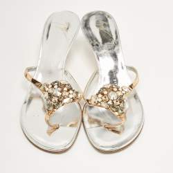 Giuseppe Zanotti Silver Leather Slide Crystal Embellished Sandals Size 38.5