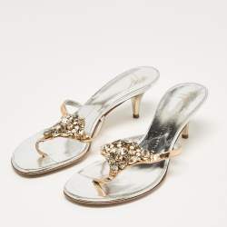 Giuseppe Zanotti Silver Leather Slide Crystal Embellished Sandals Size 38.5