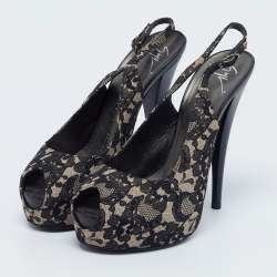 Giuseppe Zanotti Black/Beige Lace Peep Toe Slingback Platform Sandals Size 39