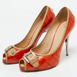 Giuseppe Zanotti Orange Croc Embossed Leather Buckle Detail Peep Toe Pumps Size 38.5