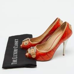 Giuseppe Zanotti Orange Croc Embossed Leather Buckle Detail Peep Toe Pumps Size 38.5