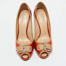 Giuseppe Zanotti Orange Croc Embossed Leather Buckle Detail Peep Toe Pumps Size 38.5