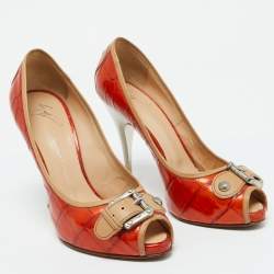 Giuseppe Zanotti Orange Croc Embossed Leather Buckle Detail Peep Toe Pumps Size 38.5