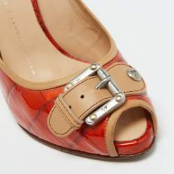 Giuseppe Zanotti Orange Croc Embossed Leather Buckle Detail Peep Toe Pumps Size 38.5