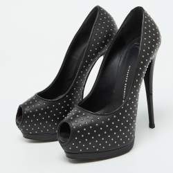 Pre Owned Giuseppe Zanotti Black Leather Studded Peep Toe Platform Pumps Size 37