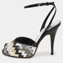 Giuseppe Zanotti Multicolor Zigzag Patent and Leather Mixed Media Ankle Strap Sandals Size 37