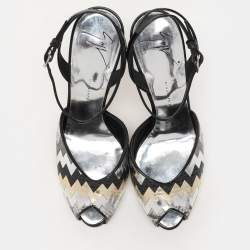 Giuseppe Zanotti Multicolor Zigzag Patent and Leather Mixed Media Ankle Strap Sandals Size 37